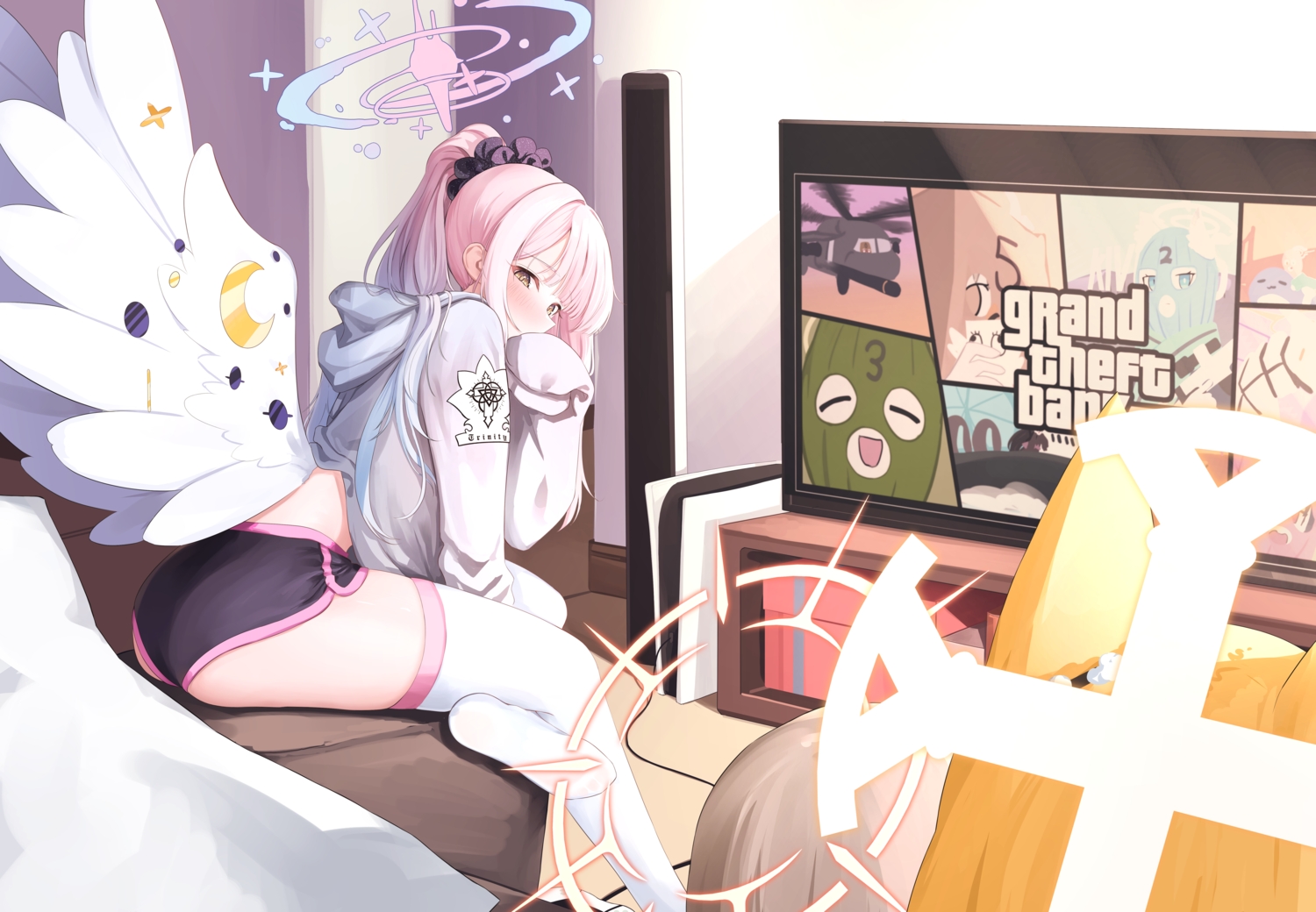 animal_ears, ass, blonde_hair, blue_archive, blush, brown_hair, couch, daran9