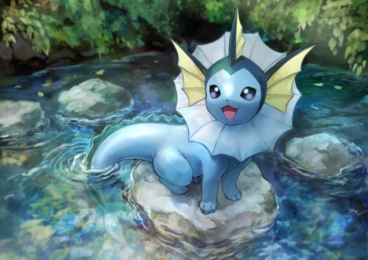 day_walker1117, leaves, no_humans, pokemon, vaporeon, water