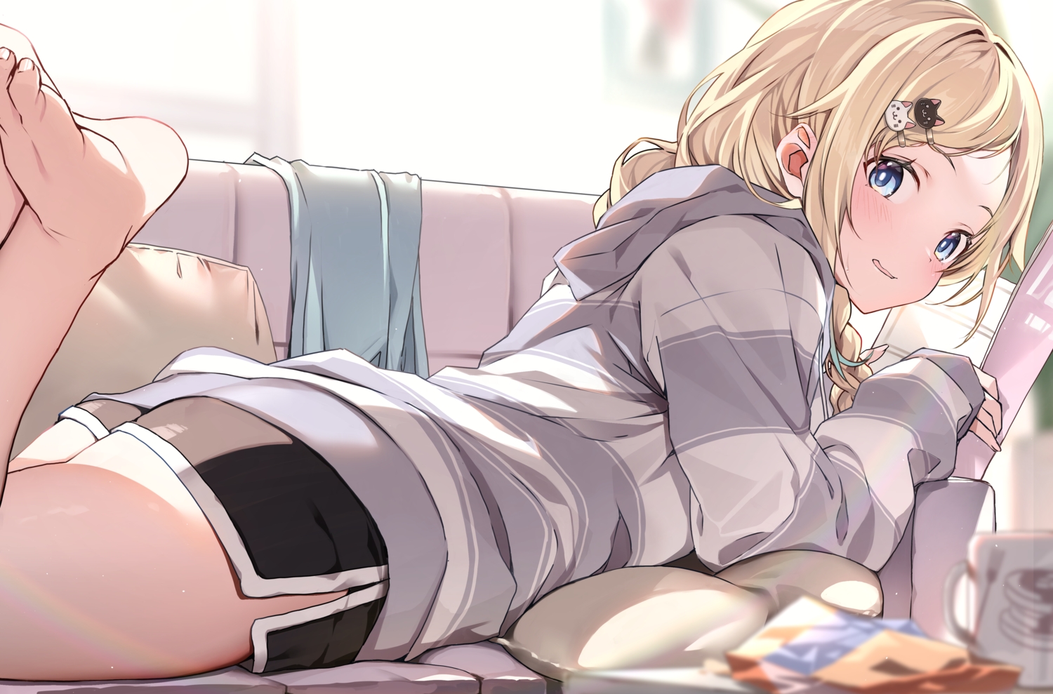 aizawa_ema, barefoot, blonde_hair, blue_eyes, blush, book, braids, couch, drink, food, hood, pajamas, ruo19, shorts, vspo!
