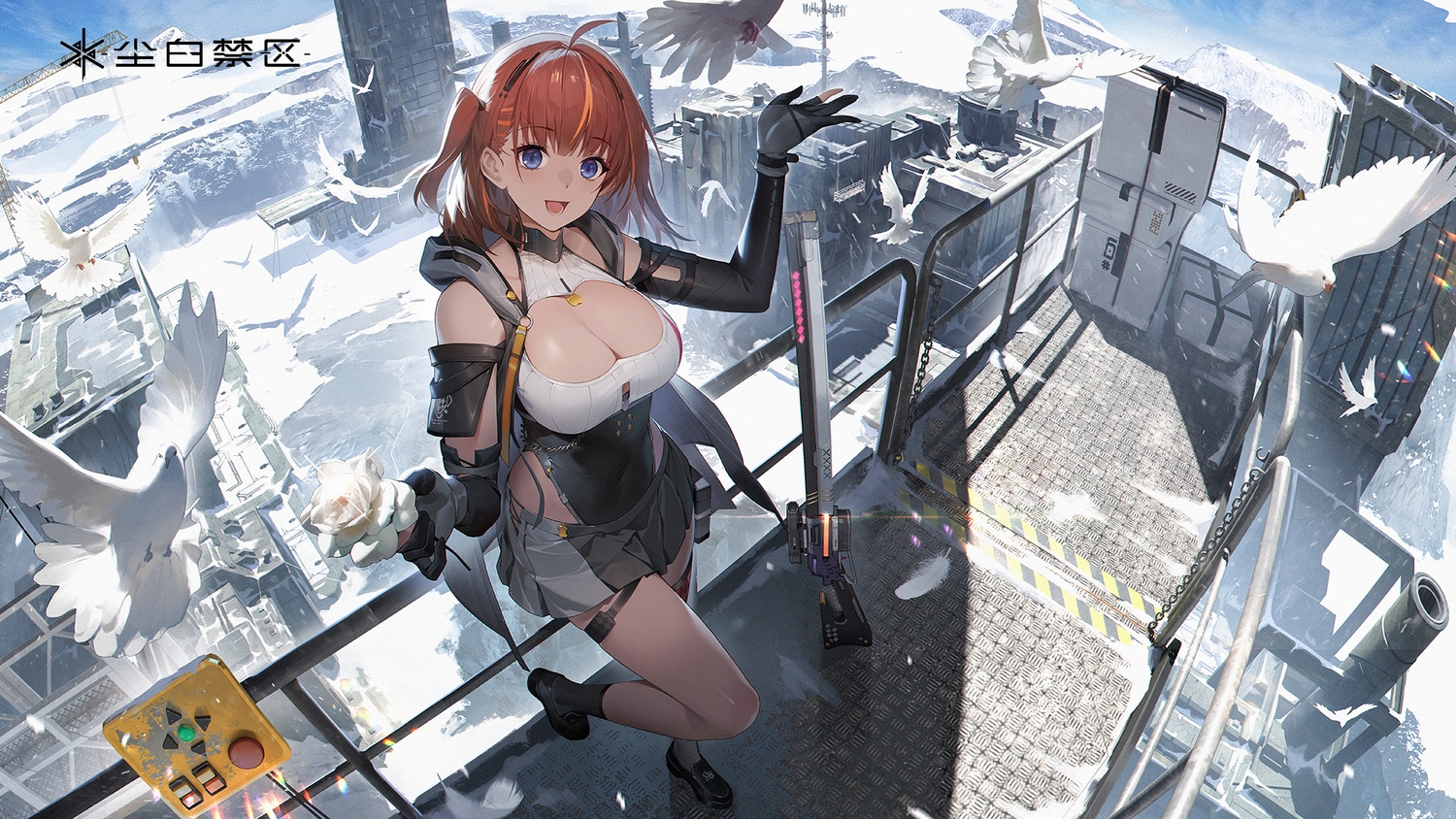 3d, animal, bird, blue_eyes, breasts, cleavage, elbow_gloves, feathers, flowers, garter, gloves, hood, industrial, kexue, kneehighs, leotard, logo, ponytail, red_hair, rose, short_hair, skirt, snow, snowbreak:_containment_zone, tess_kotkin