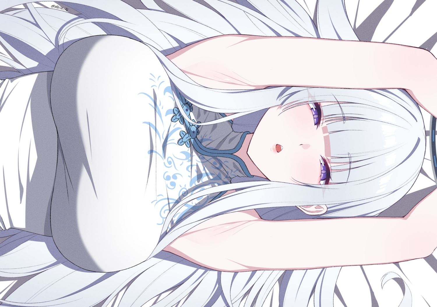 blue_archive, breasts, chinese_clothes, close, gray_hair, halo, long_hair, purple_eyes