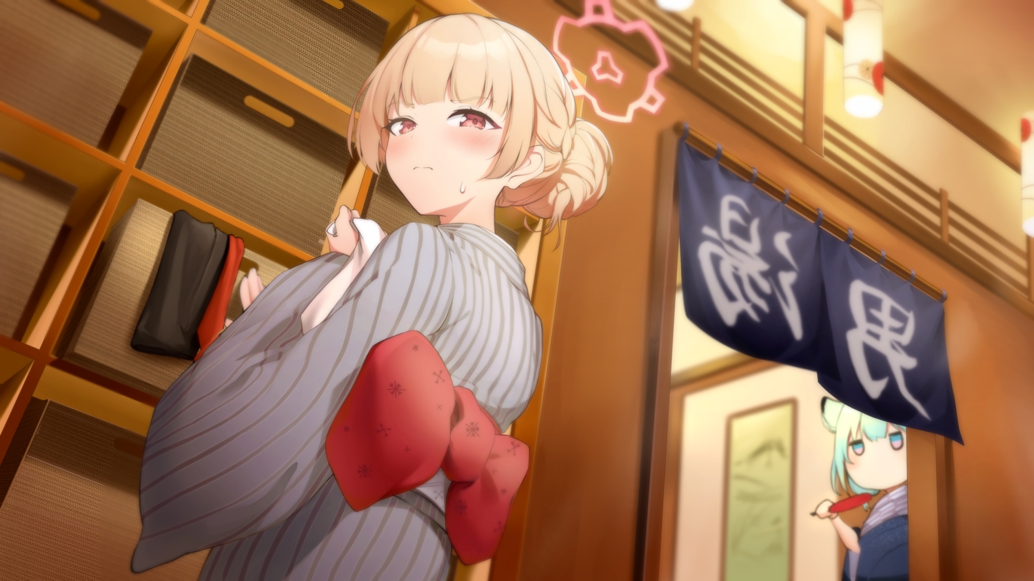 2girls, amami_nodoka, animal_ears, blonde_hair, blue_archive, blush, bow, braids, green_hair, halo, japanese_clothes, ky_(ky990533), mayoi_shigure, red_eyes, short_hair, towel, yukata