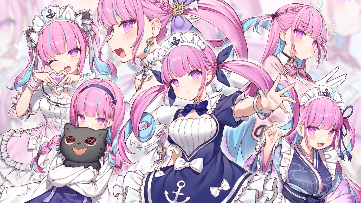 blush, bow, braids, breasts, cleavage, collar, dress, elbow_gloves