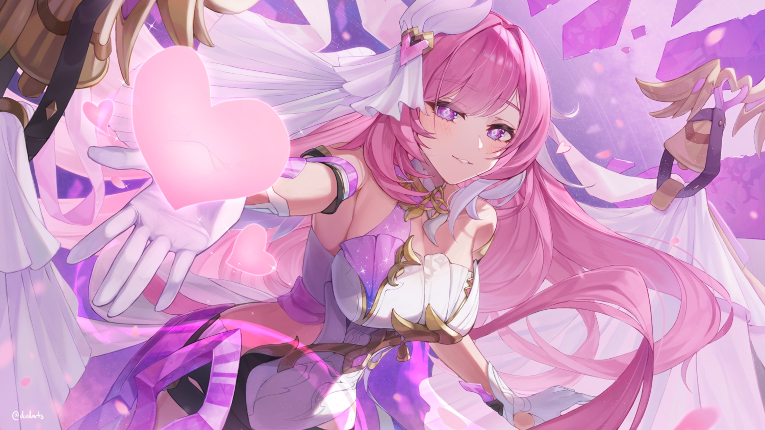 bell, blush, breasts, cleavage, dress, dvdarts, elysia_(honkai_impact), gloves, headdress, heart, honkai_impact, honkai_(series), long_hair, pink_hair, purple_eyes, signed