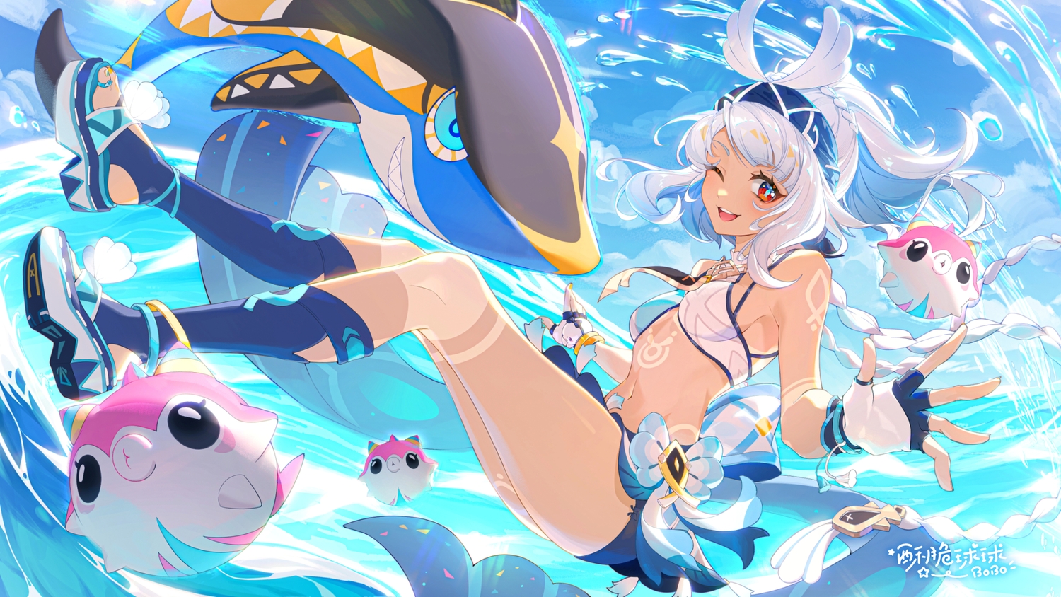 animal, bike_shorts, bikini_top, braids, clouds, dark_skin, fish, genshin_impact