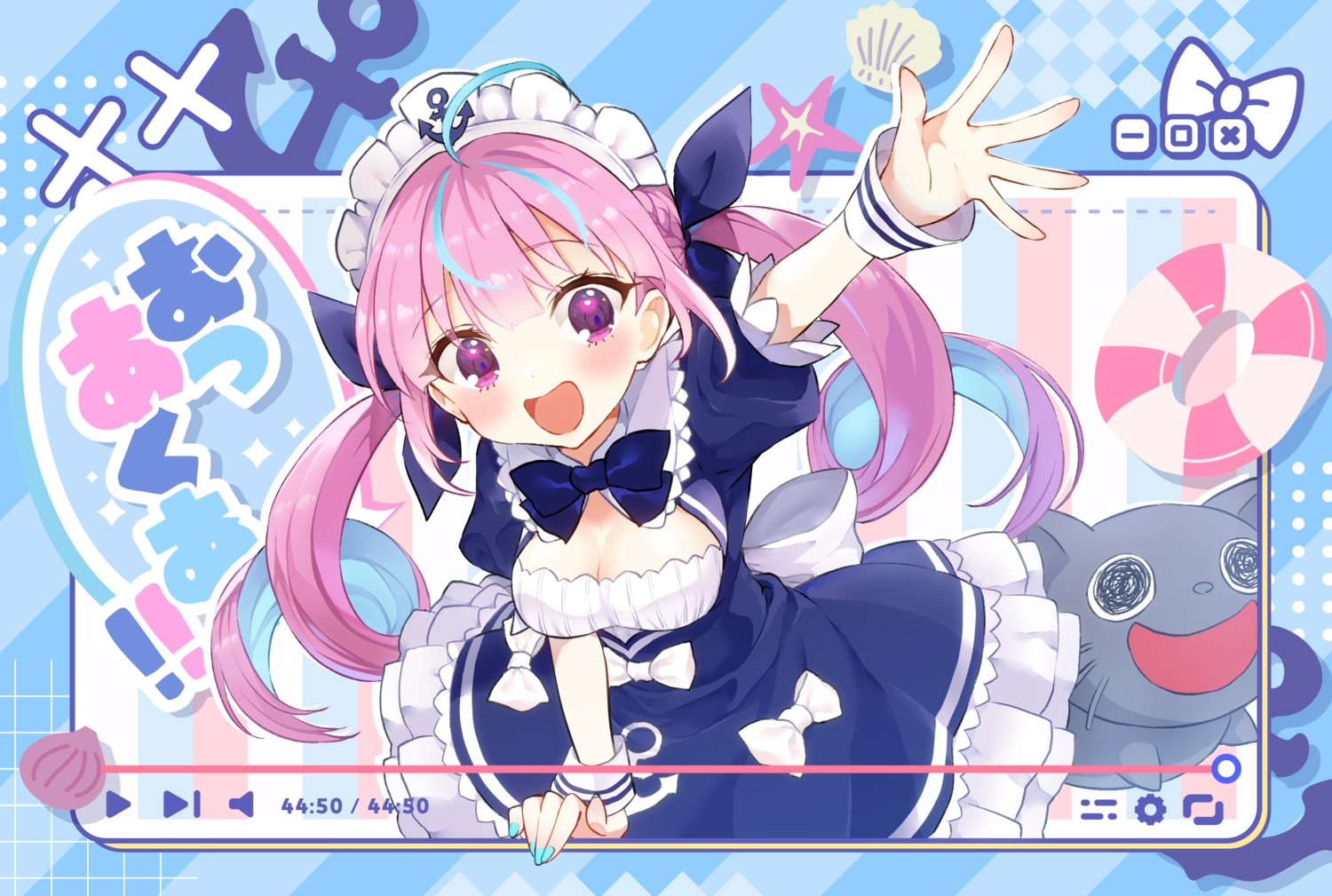 blush, bow, braids, breasts, cleavage, dress, headdress, hololive