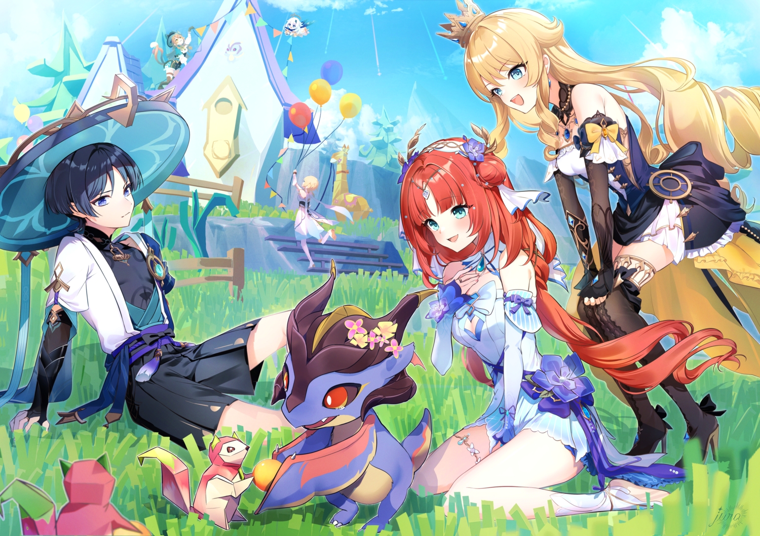 aqua_eyes, black_hair, blonde_hair, blue_eyes, boots, bow, breasts, brown_hair