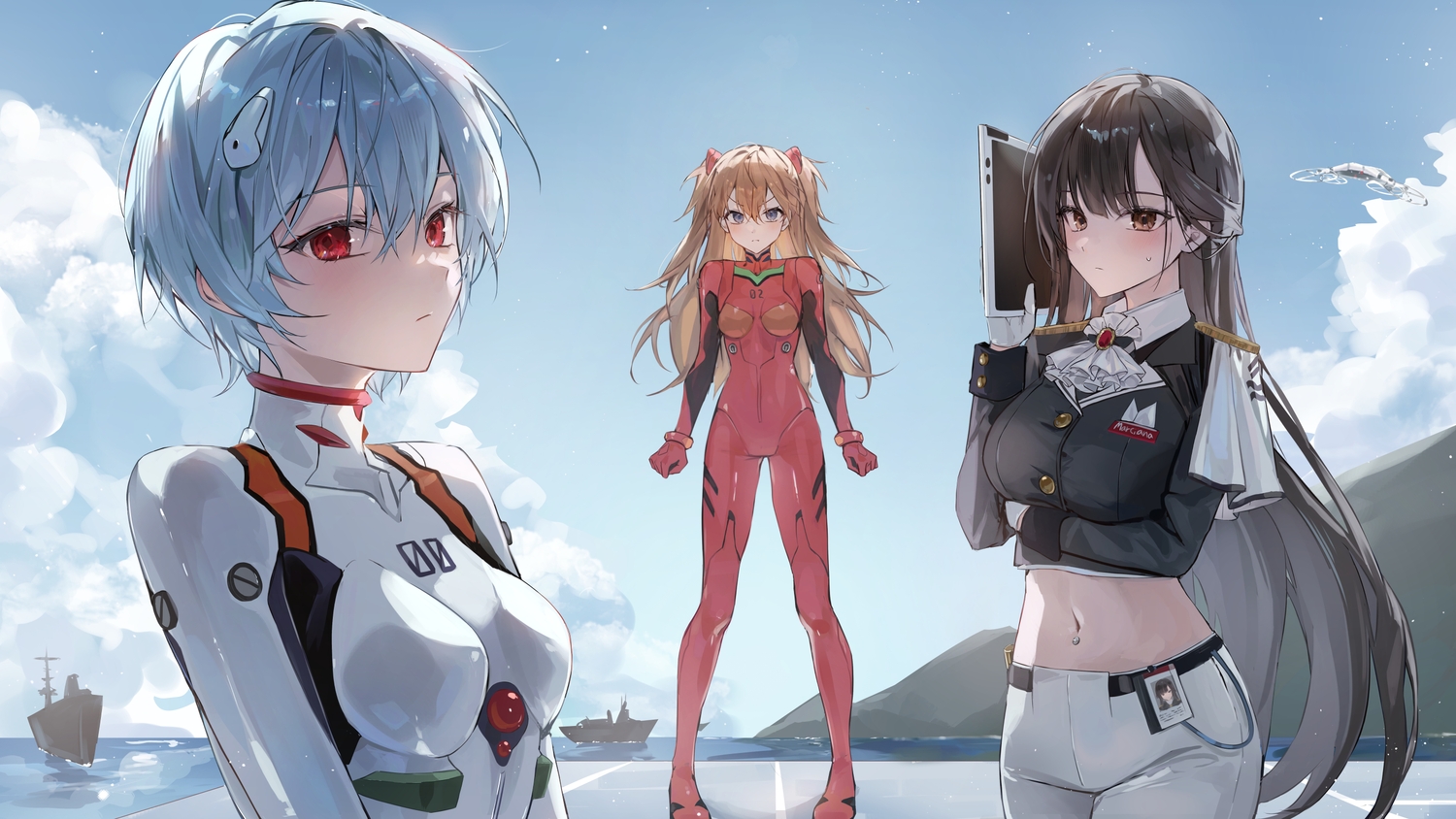 aircraft, ayanami_rei, black_hair, blue_eyes, blue_hair, blush, boat, bodysuit, breast_hold, brown_eyes, close, clouds, computer, crossover, ekina_(1217), gloves, goddess_of_victory:_nikke, long_hair, marciana_(nikke), military, navel, neon_genesis_evangelion, orange_hair, red_eyes, short_hair, sky, soryu_asuka_langley, twintails, uniform, water