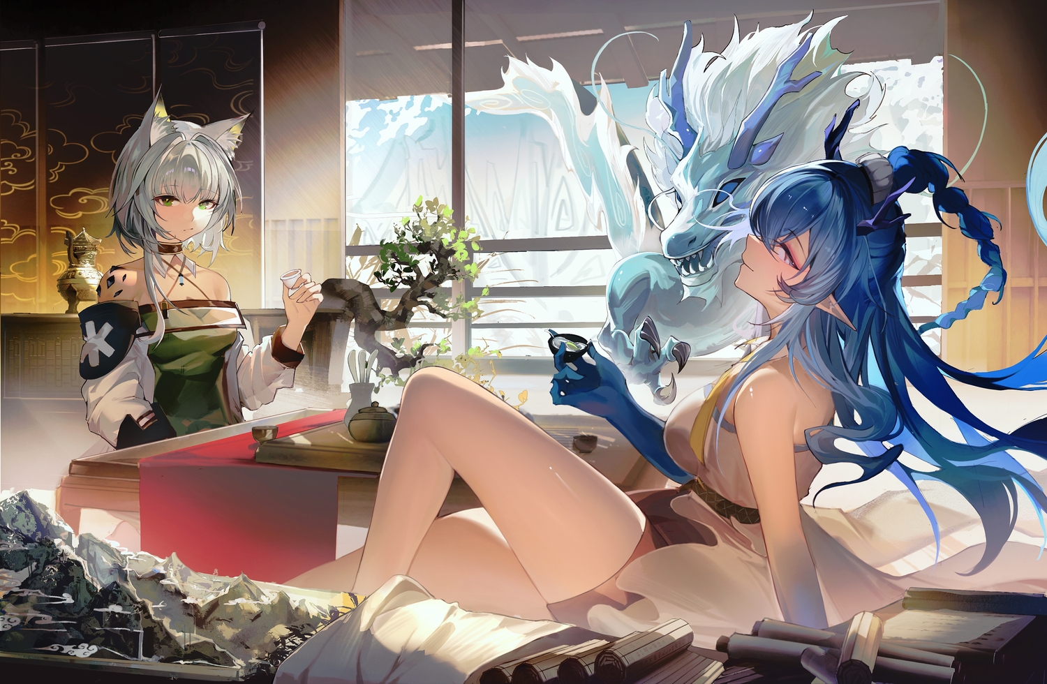 2girls, 3d, animal_ears, arknights, blue_eyes, blue_hair, book, braids, catgirl, choker, dragon, dress, drink, gray_hair, green_eyes, horns, kal'tsit_(arknights), ling_(arknights), long_hair, paper, pointed_ears, ponytail, short_hair, shorts, tabayashi, tree