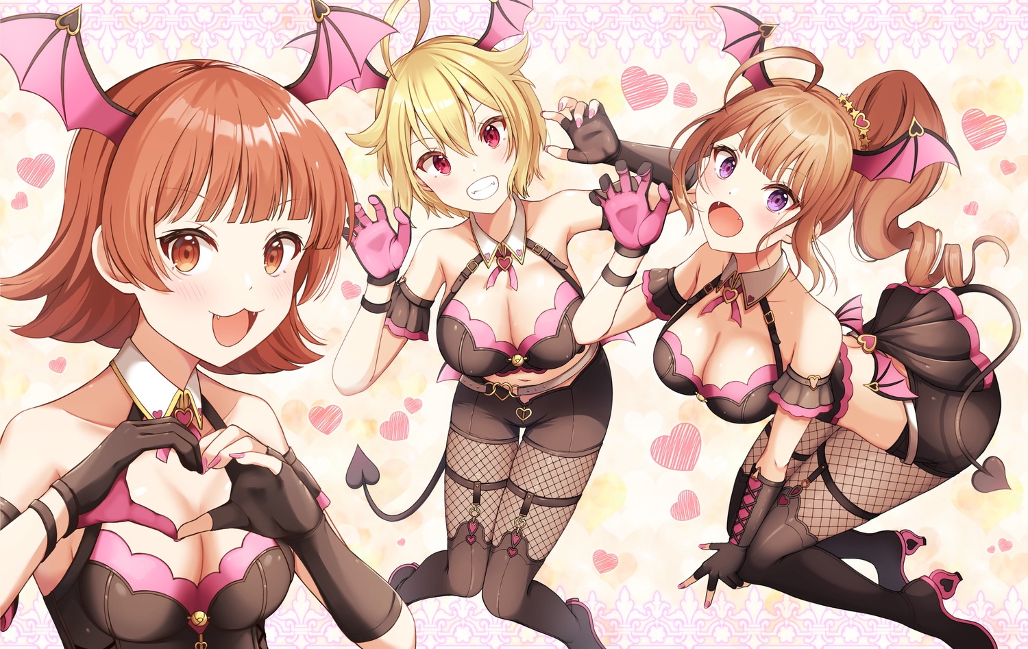 blonde_hair, blush, boots, breasts, brown_hair, cat_smile, cleavage, cosplay, demon, elbow_gloves, fang, garter, gloves, heart, ibuki_tsubasa, idolmaster, idolmaster_million_live!, kyuupura, long_hair, navel, nonohara_akane, pantyhose, ponytail, purple_eyes, red_eyes, red_hair, short_hair, shorts, tail, thighhighs, wings, yokoyama_nao