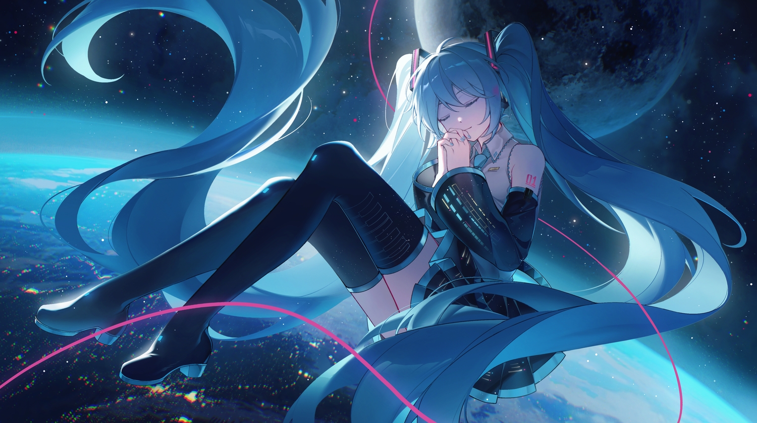 aqua_hair, boots, earth, hatsune_miku, headphones, kanvien, long_hair, moon, planet, skirt, space, stars, tattoo, thighhighs, tie, twintails, vocaloid