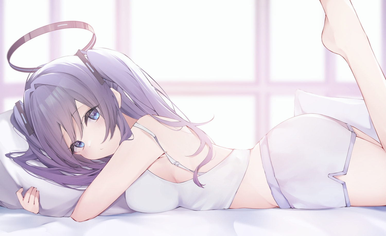barefoot, bed, blue_archive, blue_eyes, blush, breasts, halo, hayase_yuuka, hojiro_same, long_hair, pajamas, purple_hair, shorts, twintails