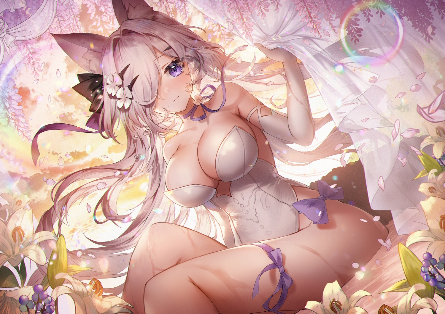 animal_ears, applecaramel_(acaramel), blush, bow, breasts, choker, cleavage, elbow_gloves, flowers, gloves, gray_hair, leotard, long_hair, petals, purple_eyes, red:_pride_of_eden, ribbons, sherry_(red:_pride_of_eden), third-party_edit, water, wet