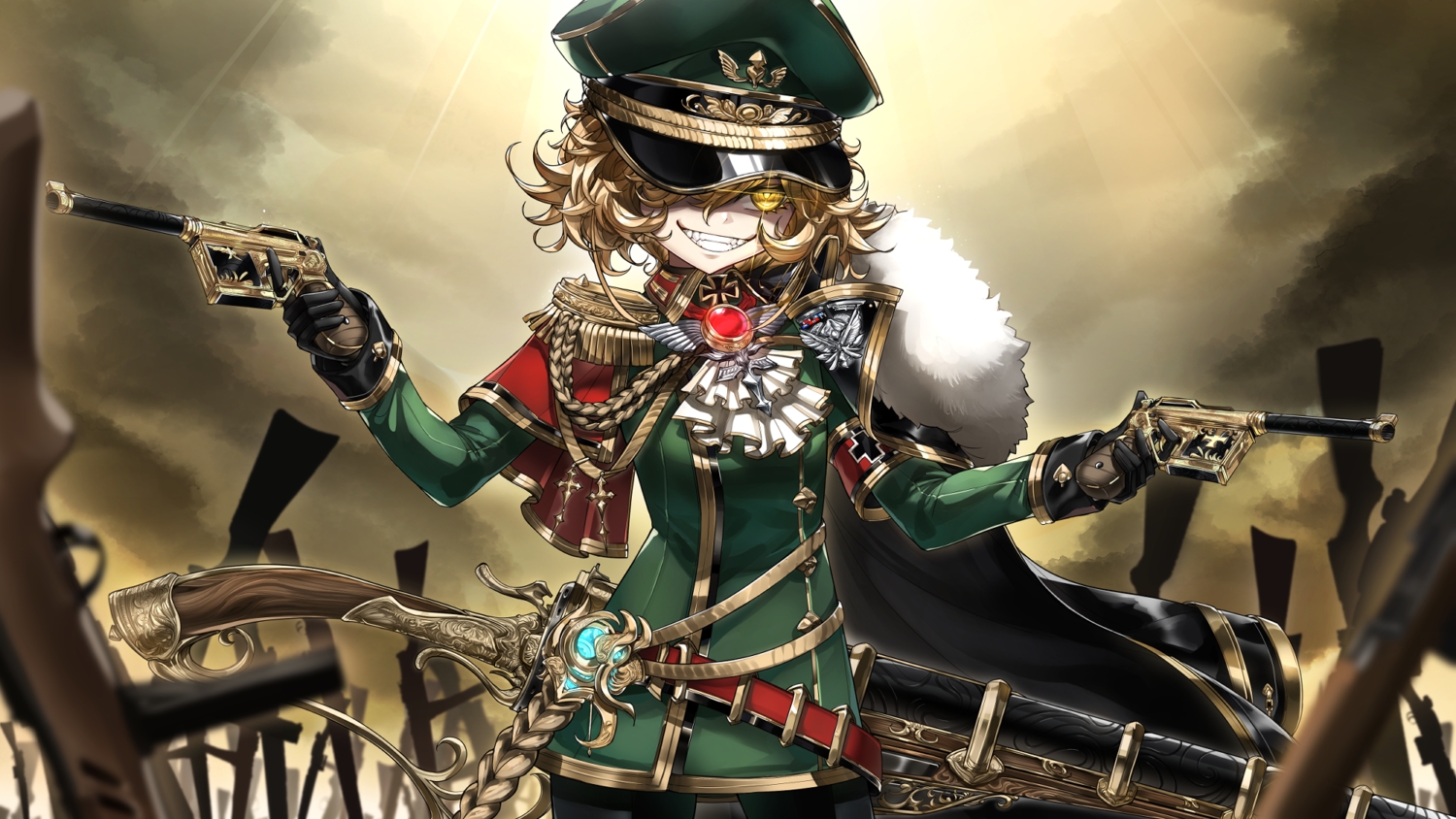 blonde_hair, casul, clouds, gloves, gun, hat, military, shorts, sky, tanya_degurechaff, uniform, weapon, yellow_eyes, youjo_senki