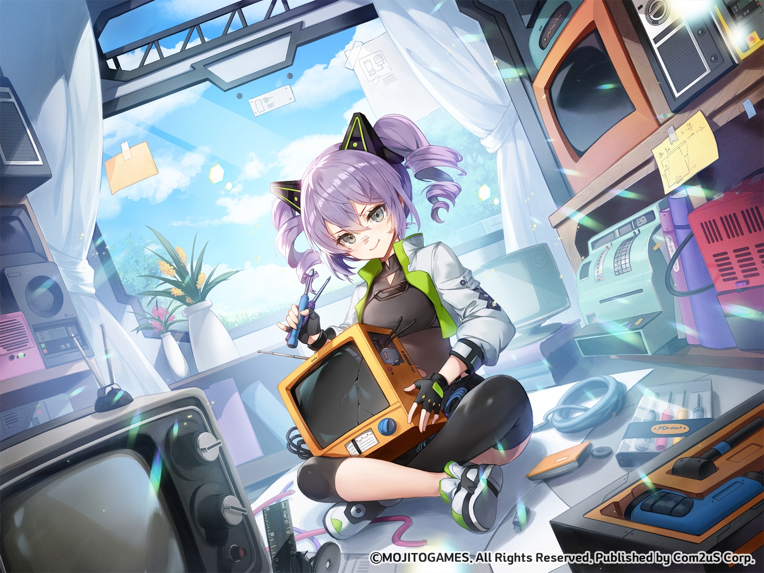 applecaramel_(acaramel), clouds, computer, flowers, gloves, gray_eyes, ino_(starseed), purple_hair, sky, starseed:_asnia_trigger, tree, twintails, watermark, wristwear