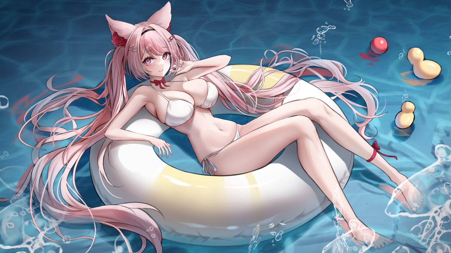 animal_ears, ball, barefoot, bikini, bow, breasts, choker, cleavage