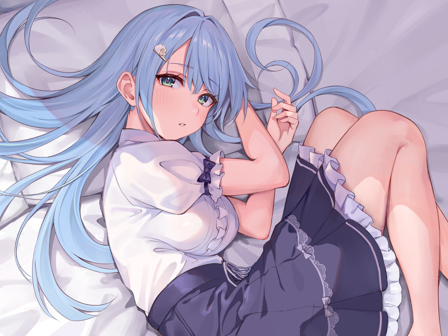 bed, blue_hair, green_eyes, long_hair, nagiha_kuten, original, shirt, skirt
