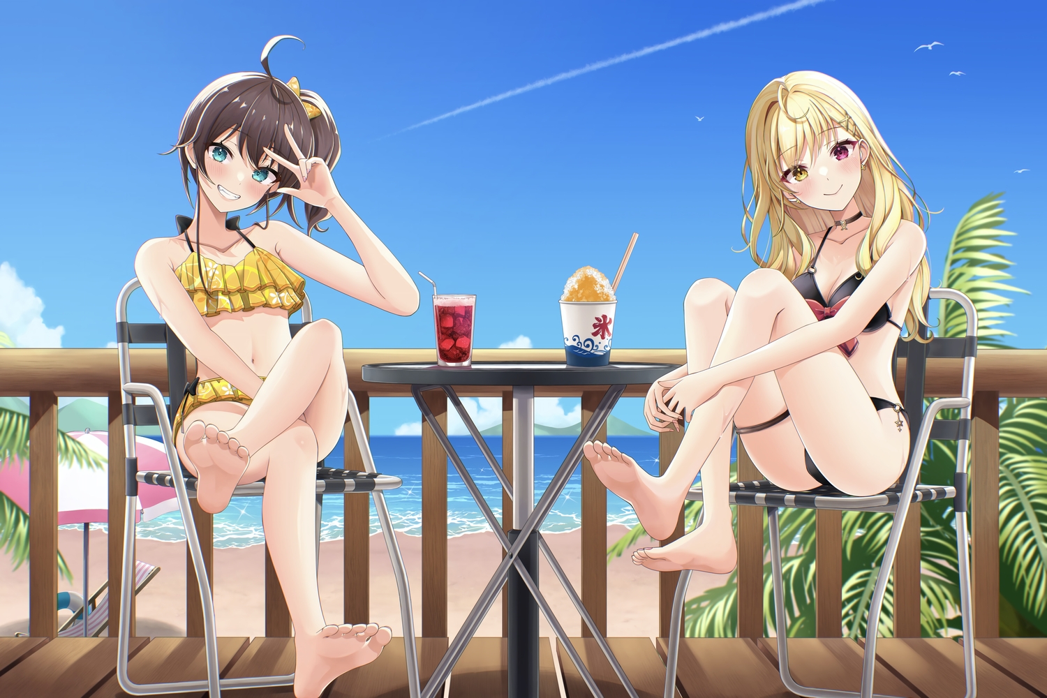 2girls, aqua_eyes, bicolored_eyes, bikini, blonde_hair, bow, breasts, brown_hair, choker, clouds, garter, green_eyes, hololive, hoshikawa_sara, long_hair, mt_mozuku, natsuiro_matsuri, navel, nijisanji, red_eyes, short_hair, sky, swimsuit, water, yellow_eyes