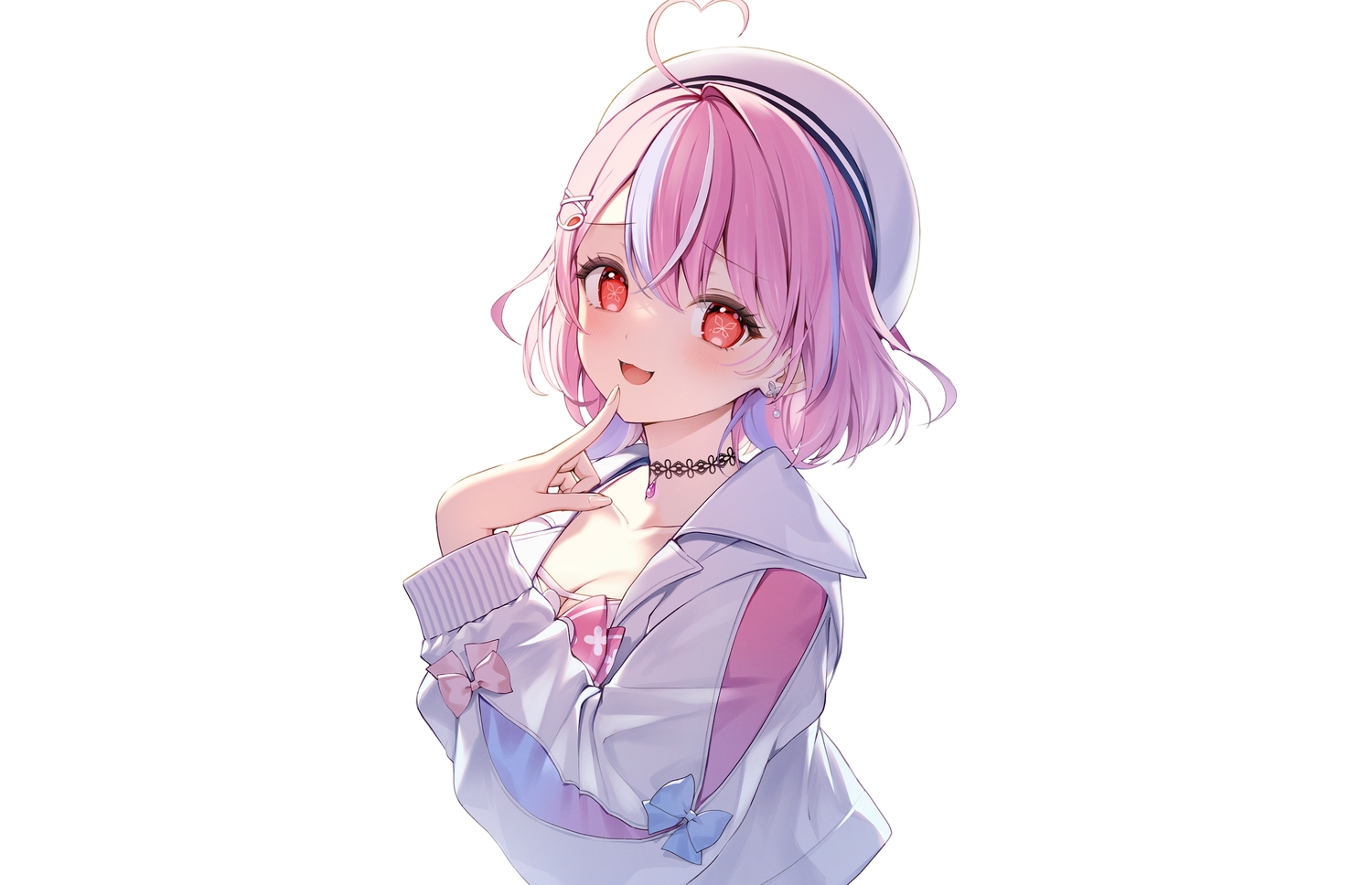 blush, bow, breasts, cat_smile, choker, cleavage, fang, hat, himaji_pane, .live, momoshiki_tsubaki, pink_hair, red_eyes, short_hair, third-party_edit, white