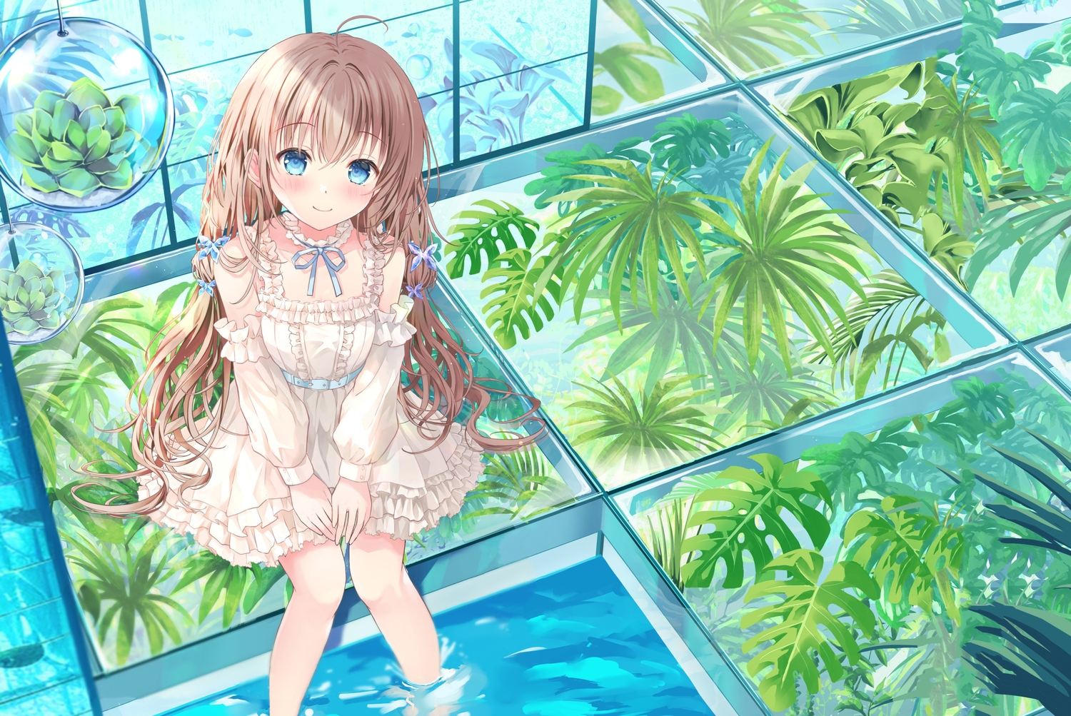 blue_eyes, blush, bow, brown_hair, choker, dress, leaves, long_hair
