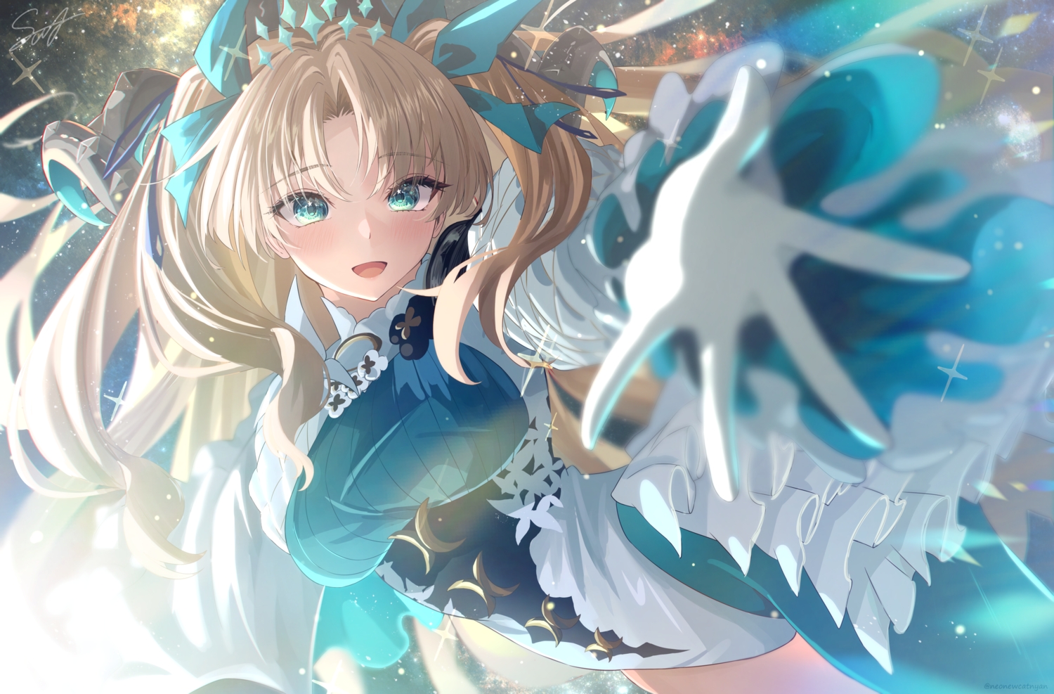 aqua_eyes, blonde_hair, blush, bow, close, ereshkigal_(fate/grand_order), fate/grand_order, fate_(series), gloves, horns, leotard, long_hair, signed, souyoru, twintails