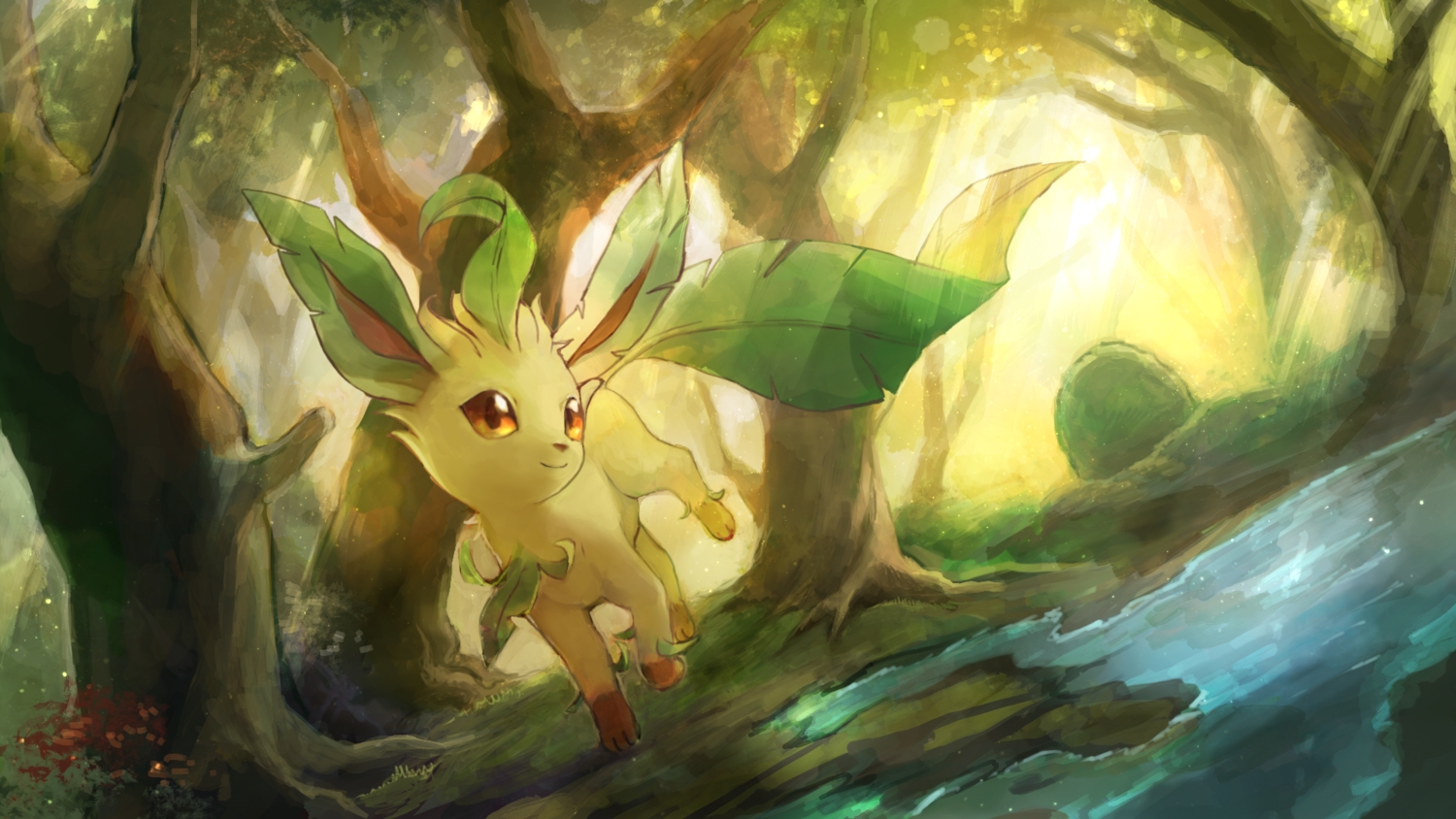 day_walker1117, forest, leafeon, no_humans, pokemon, tree, water