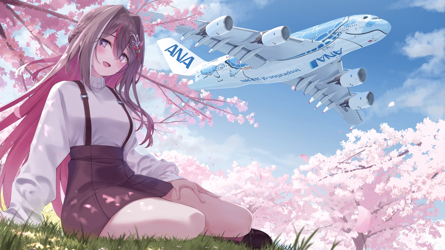 aircraft, azki_(hololive), blush, braids, brown_hair, cherry_blossoms, clouds, flowers