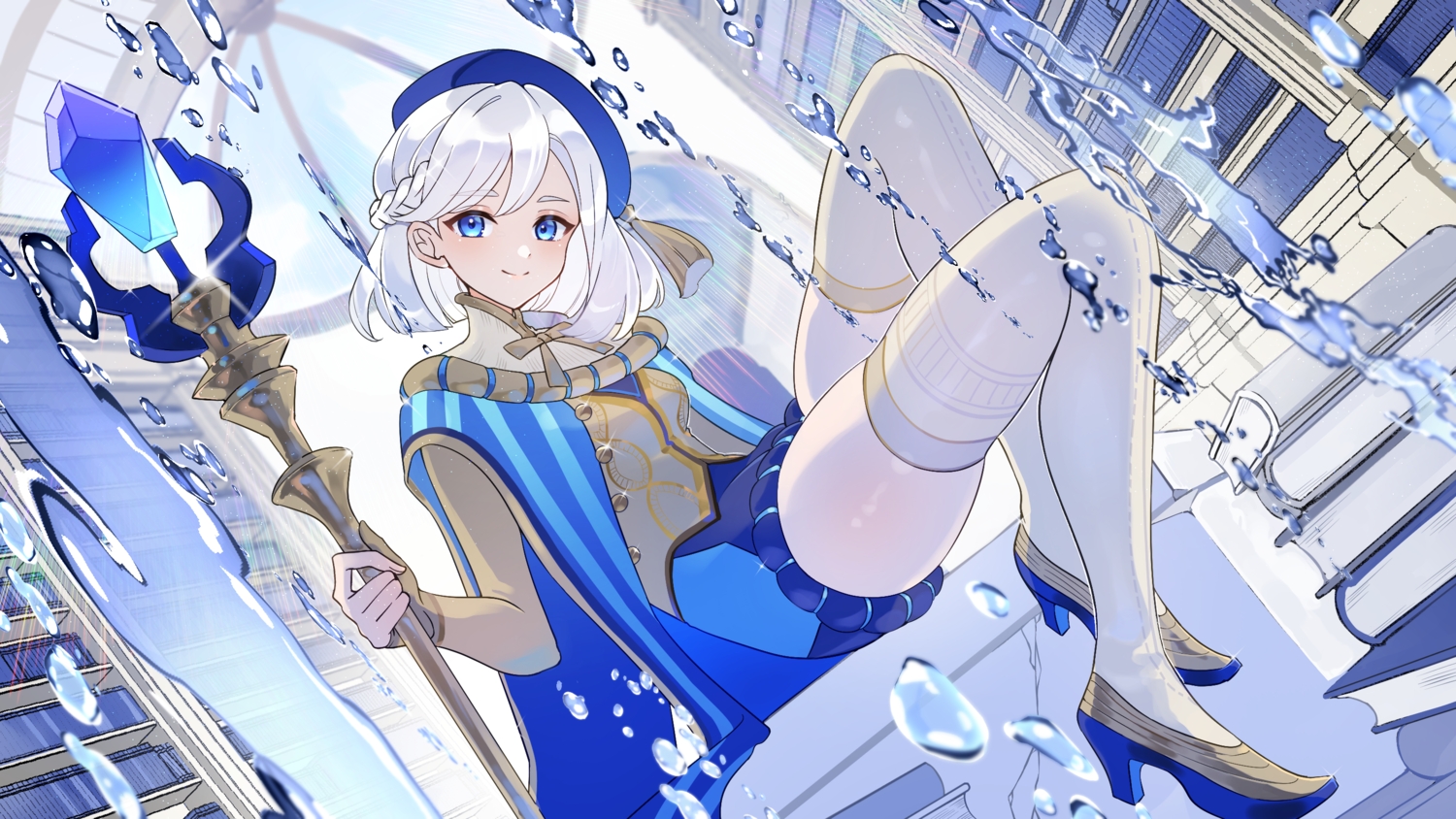 afk_journey, aliasing, bloomers, blue_eyes, book, braids, cape, cassadee_(afk), chilcy35, clouds, hat, mage, magic, short_hair, sky, staff, thighhighs, water, white_hair