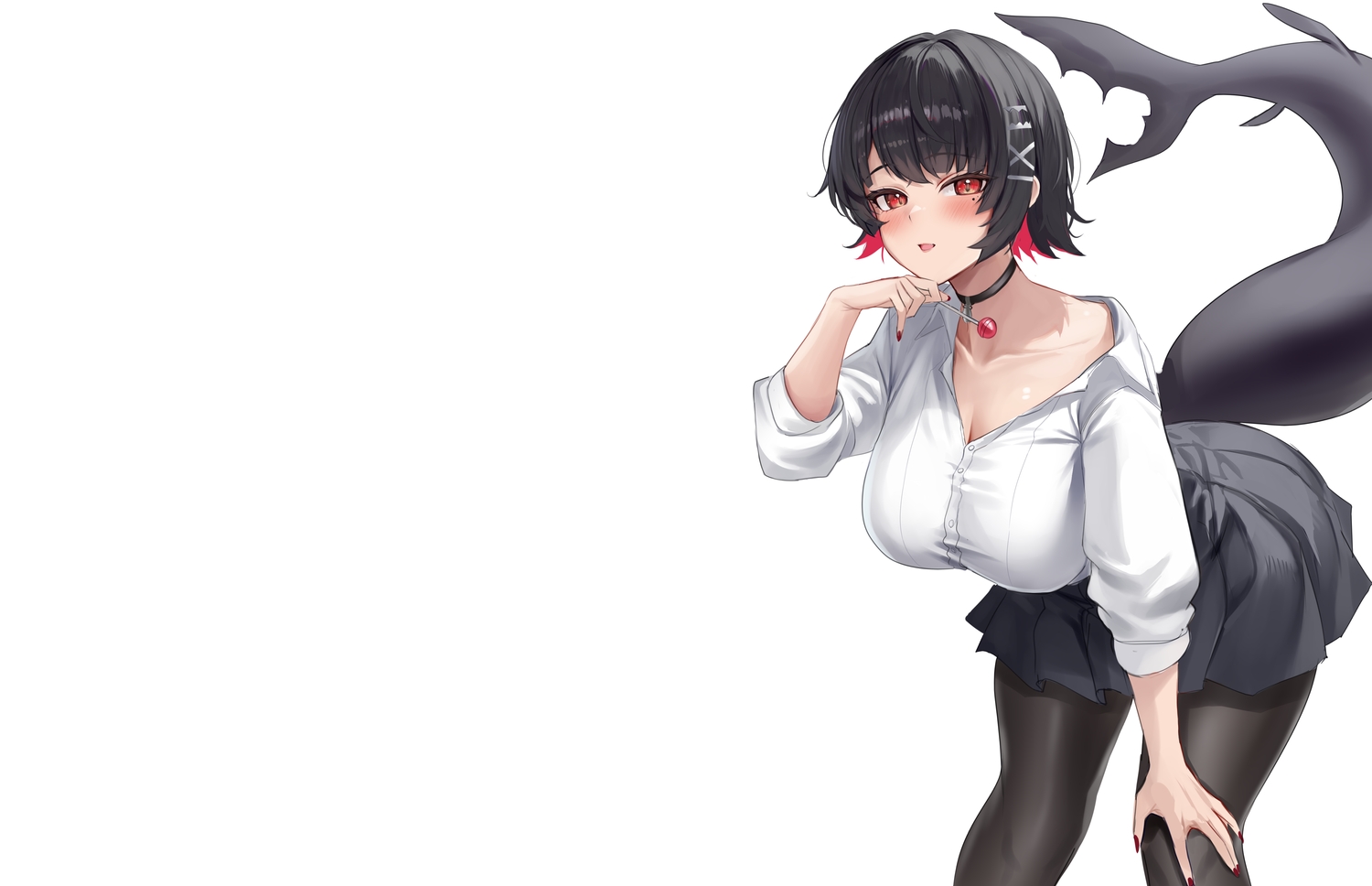 black_hair, blush, breasts, candy, choker, cleavage, ellen_joe, lollipop, no_bra, open_shirt, pantyhose, red_eyes, shirt, short_hair, sketch, skirt, stone_(ksorede), tail, third-party_edit, white, zenless_zone_zero