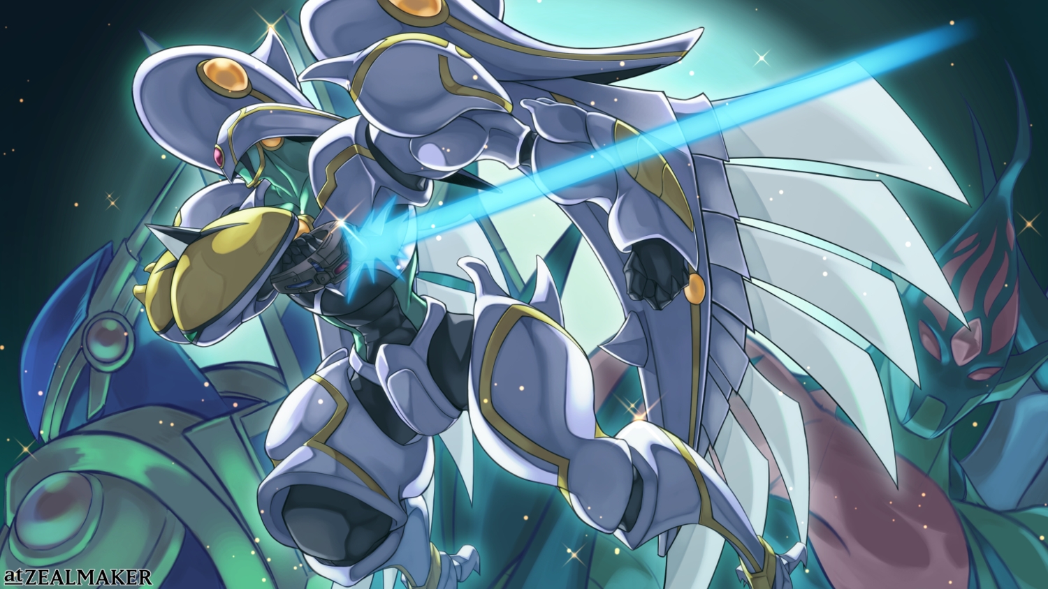 all_male, armor, elemental_hero_flame_wingman, elemental_hero_shining_flare_wingman, elemental_hero_sparkman, male, sword, watermark, weapon, wings, yu-gi-oh, zealmaker