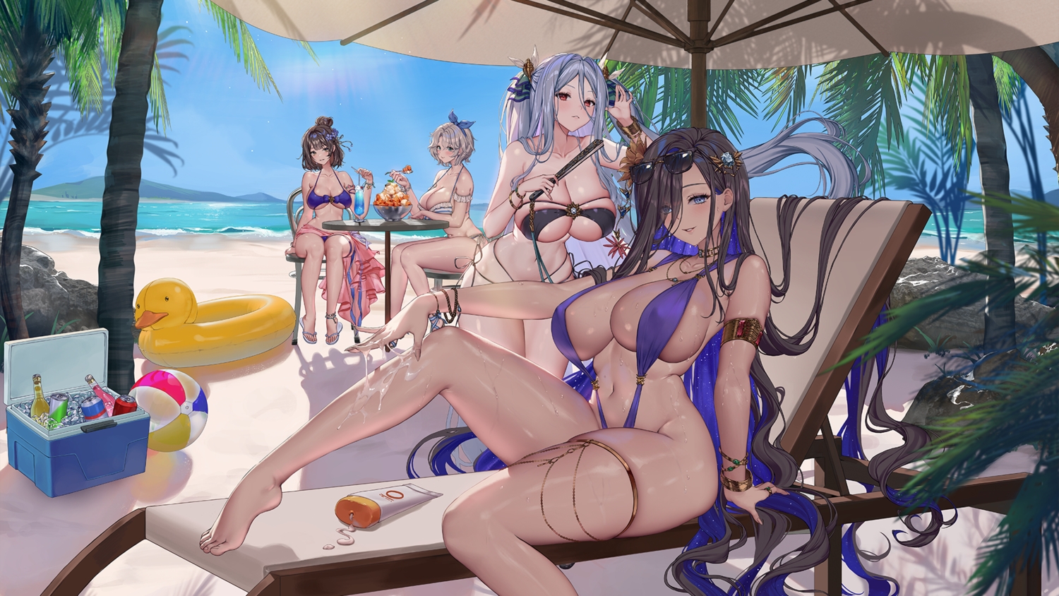 ball, bikini, black_hair, blonde_hair, blue_eyes, blush, breasts, brown_dust, brown_dust_2, brown_eyes, brown_hair, clouds, drink, eclipse_(brown_dust_2), garter, gray_hair, group, long_hair, morpeah_(brown_dust), navel, purple_eyes, red_eyes, scheherazade_(brown_dust), short_hair, sky, sunglasses, swimsuit, tagme_(artist), teresse_(brown_dust), tree, water, wet