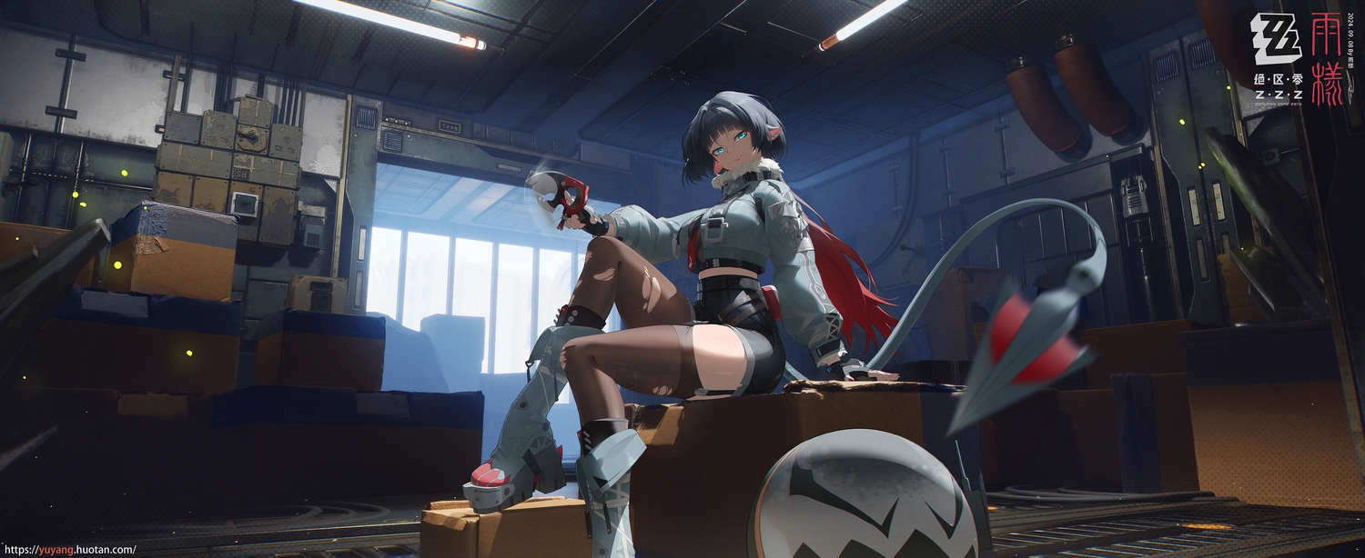 3d, animal_ears, aqua_eyes, black_hair, boots, garter_belt, gloves, industrial