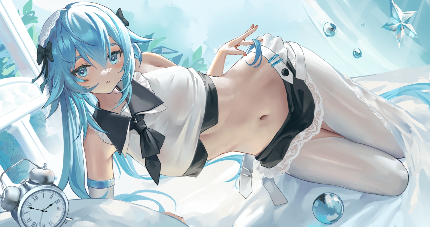 aqua_eyes, aqua_hair, bed, bow, leaves, long_hair, navel, original
