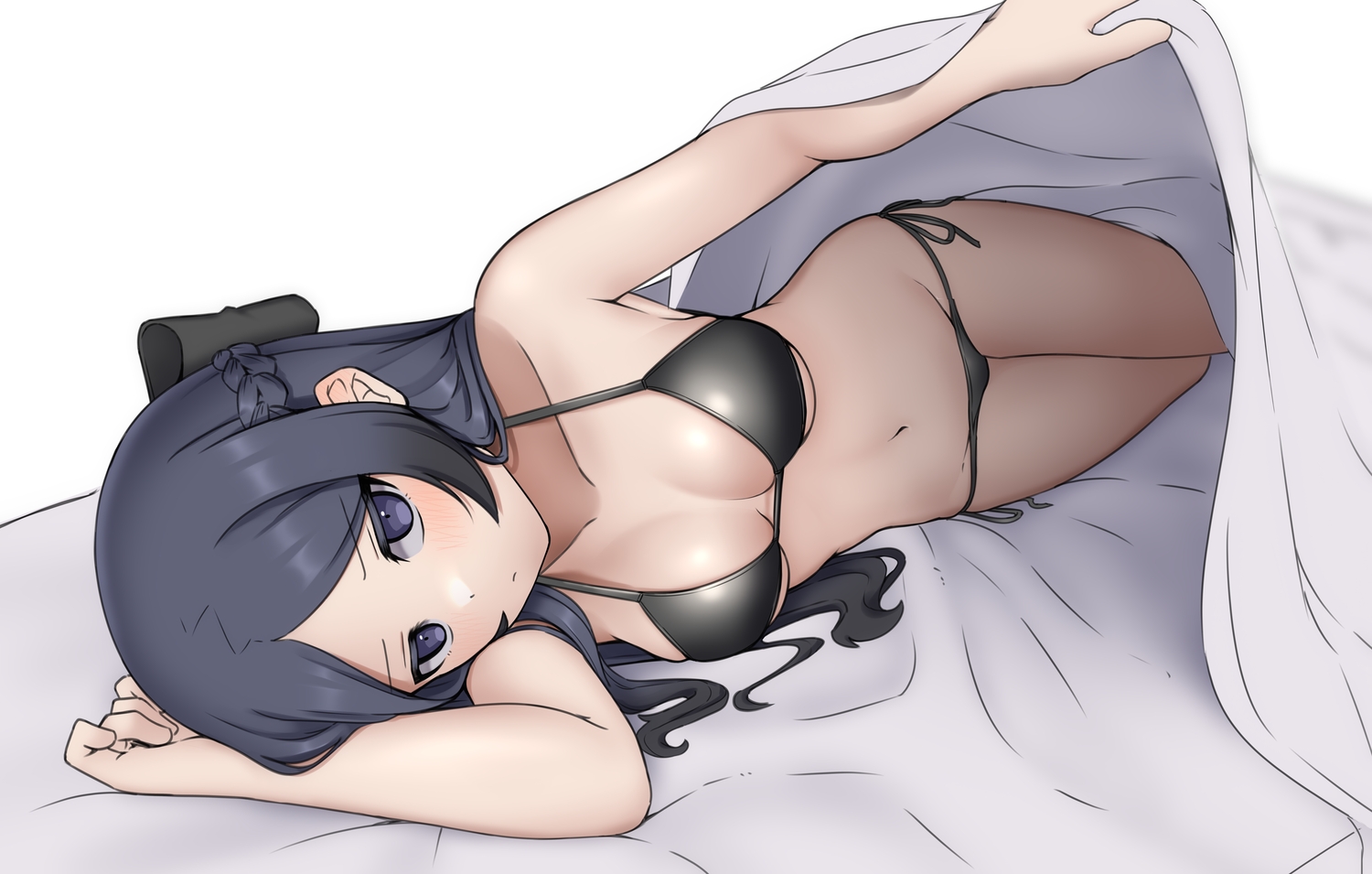 bed, bikini, black_hair, blush, bow, braids, breasts, close