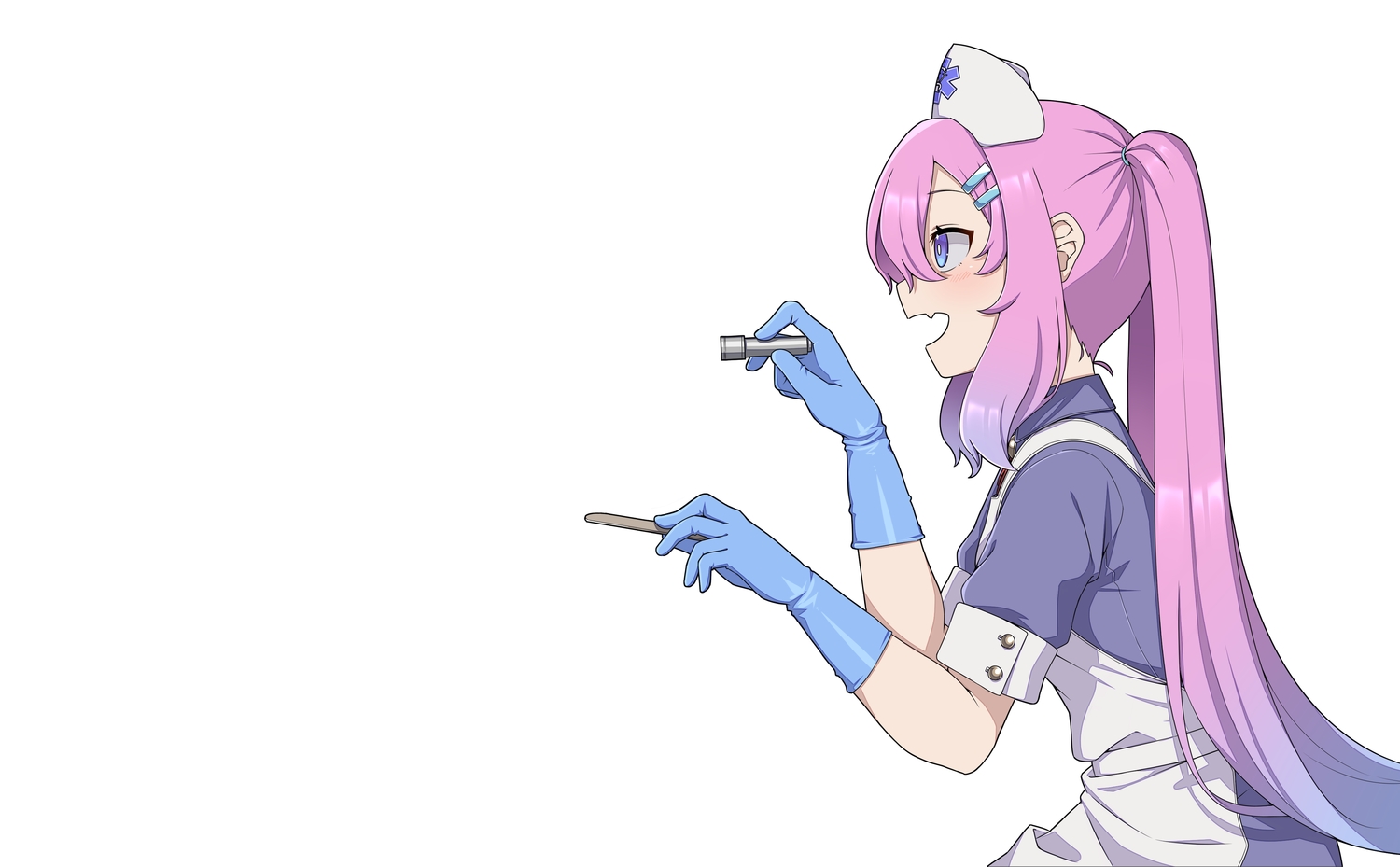 apron, blush, dress, fang, gloves, headdress, long_hair, nurse