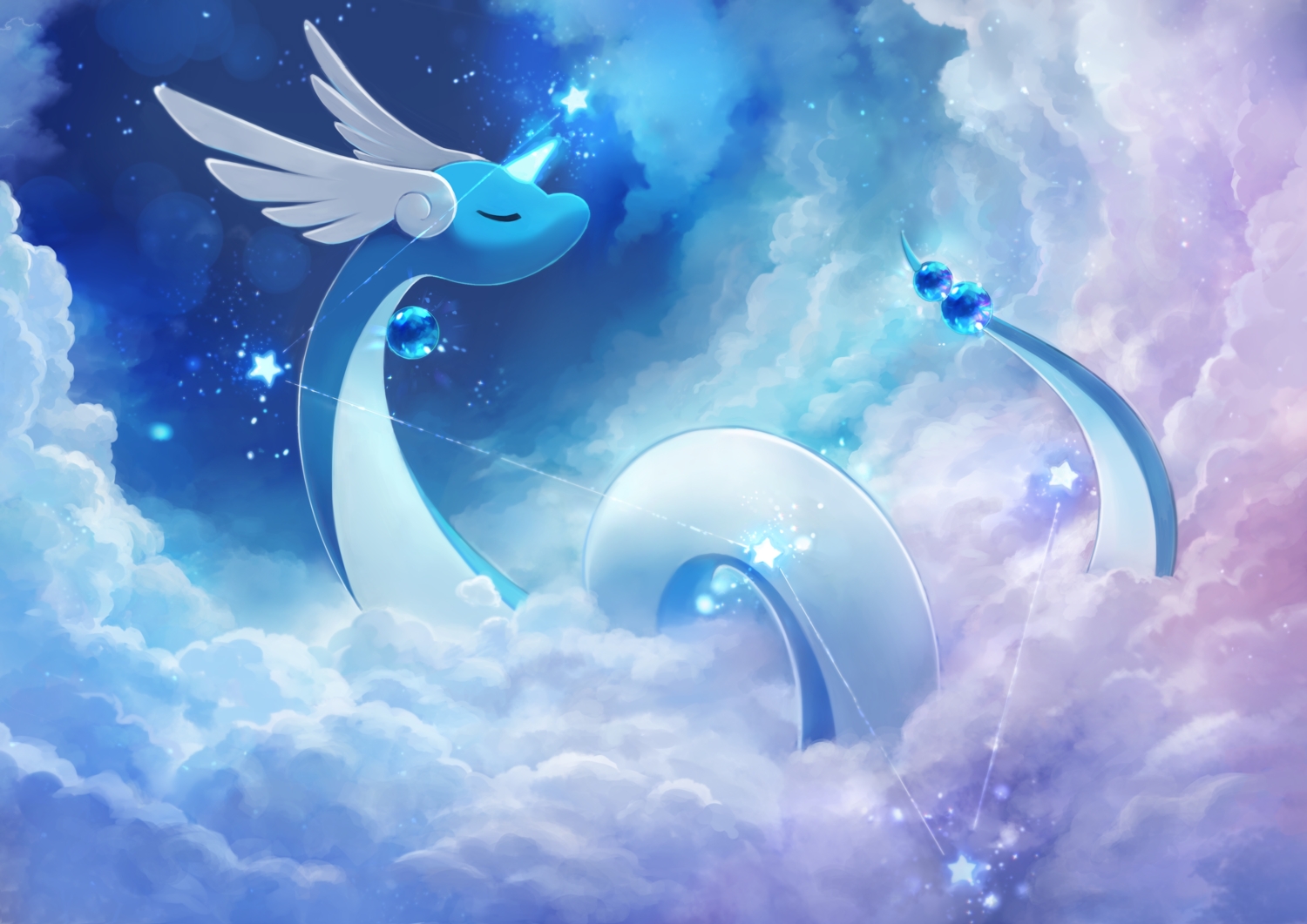 clouds, day_walker1117, dragonair, horns, no_humans, pokemon, polychromatic, sky, stars, wings