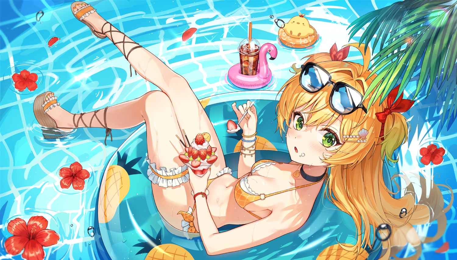 bikini, blonde_hair, blush, breasts, choker, cleavage, drink, flowers