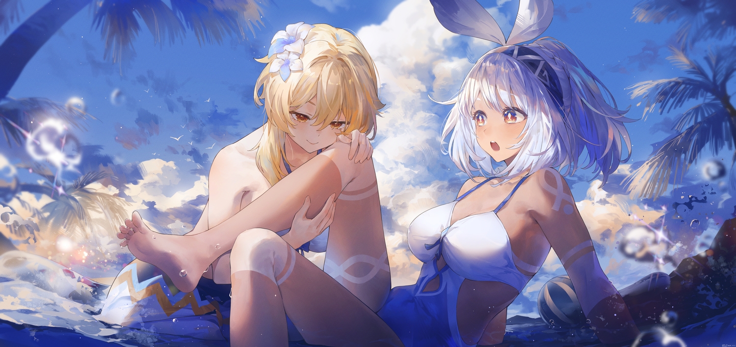 2girls, ball, barefoot, bikini, blonde_hair, blush, clouds, dark_skin, genshin_impact, lumine_(genshin_impact), mualani_(genshin_impact), orange_eyes, ponytail, red_eyes, short_hair, sky, swimsuit, swkl:d, tan_lines, tree, water, white_hair, yuri