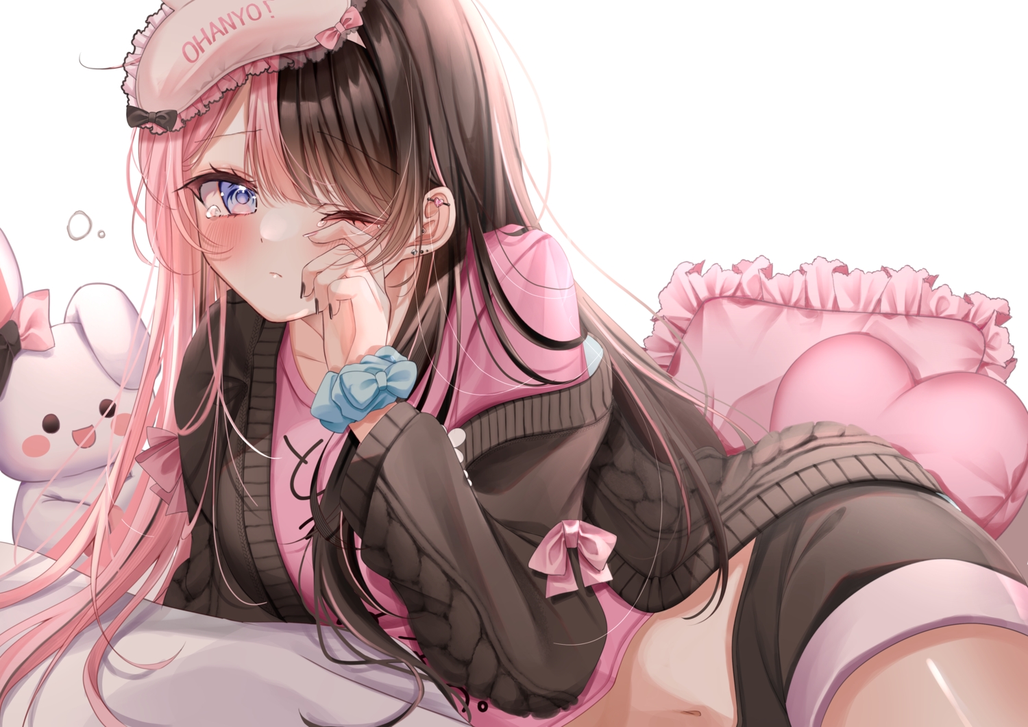 blue_eyes, blush, bow, bunny, koya_toofu, long_hair, mask, navel