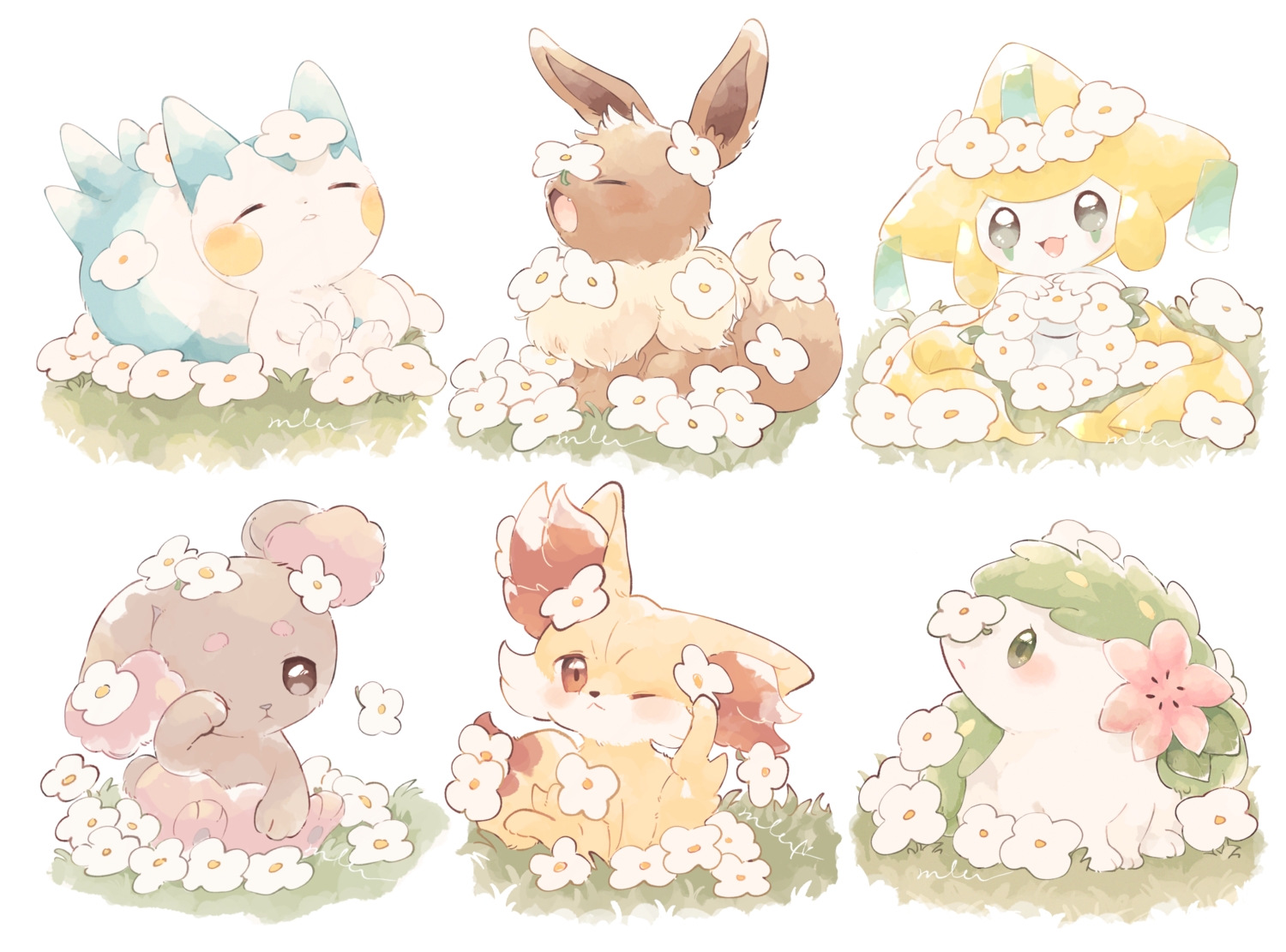 animal, black_eyes, buneary, eevee, fennekin, flowers, fox, grass, jirachi, mkt_(buizu-miki), no_humans, pachirisu, pokemon, rabbit, shaymin, signed, third-party_edit, white, wink