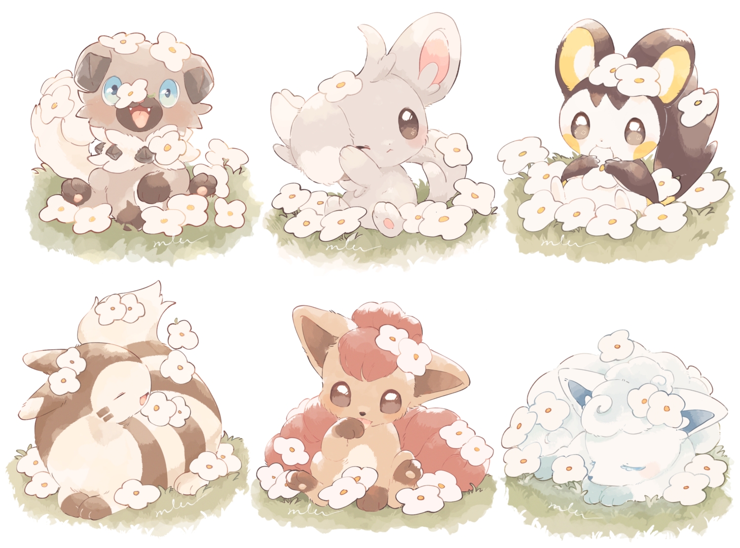 animal, blue_eyes, brown_eyes, dog, emolga, flowers, fox, furret, grass, minccino, mkt_(buizu-miki), no_humans, pokemon, rockruff, signed, sleeping, third-party_edit, vulpix, white, wink