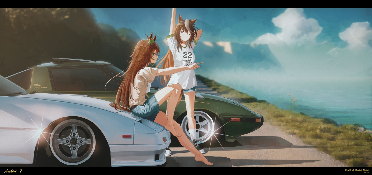 2girls, animal_ears, anthropomorphism, barefoot, blue_eyes, brown_hair, car, clouds, long_hair, mr._c.b._(umamusume), purple_eyes, run_rotary, scenic, shirt, shorts, sky, symboli_rudolf_(umamusume), uma_musume:_pretty_derby, water