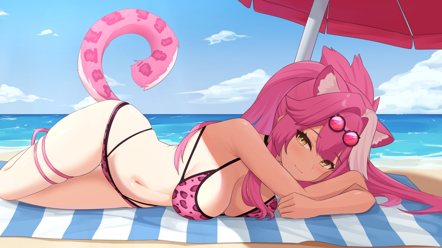 animal_ears, beach, bikini, blush, breasts, catgirl, cat_smile, choker