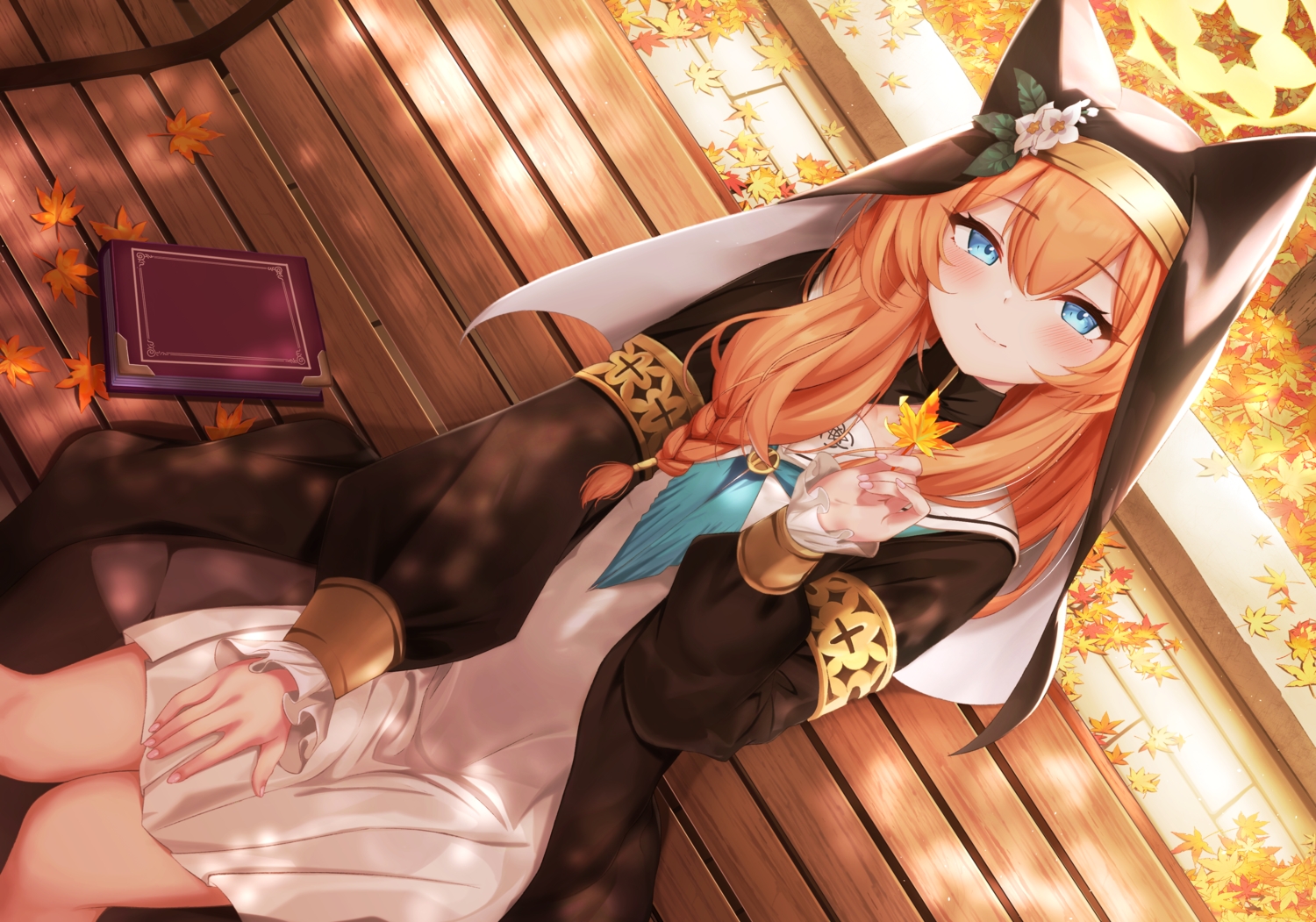 animal_ears, arashiomoto, autumn, blue_archive, blue_eyes, blush, book, braids, catgirl, dress, halo, headdress, iochi_mari, leaves, long_hair, nun, orange_hair, school_uniform, shade
