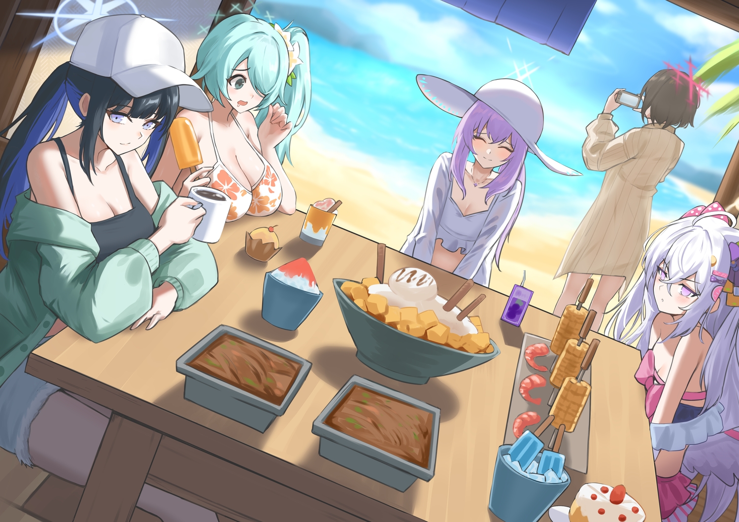 aqua_eyes, aqua_hair, beach, bikini, black_hair, blue_archive, blue_eyes, blush
