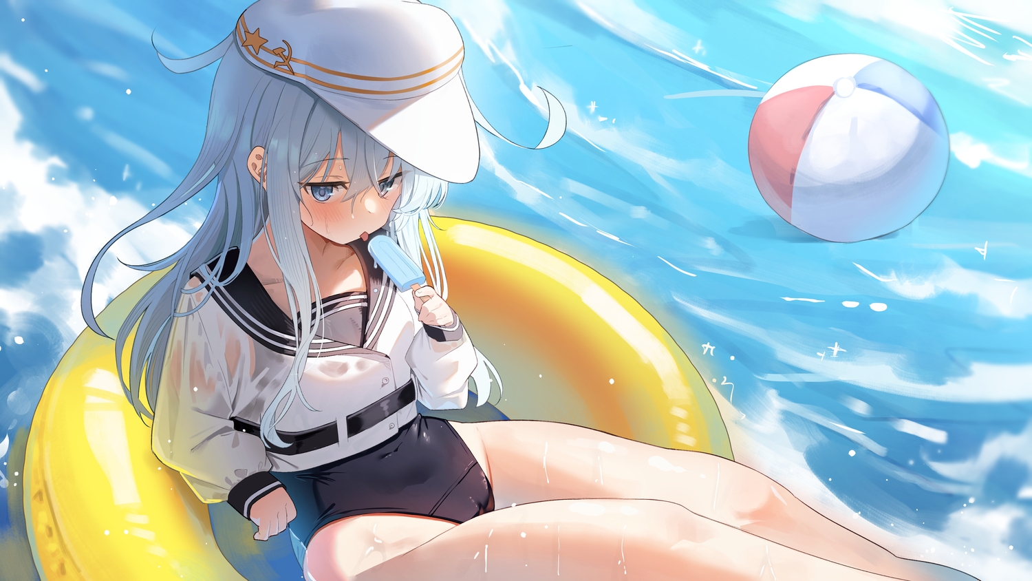 anthropomorphism, ball, blue_eyes, blush, cameltoe, gray_hair, hat, hibiki_(kancolle)
