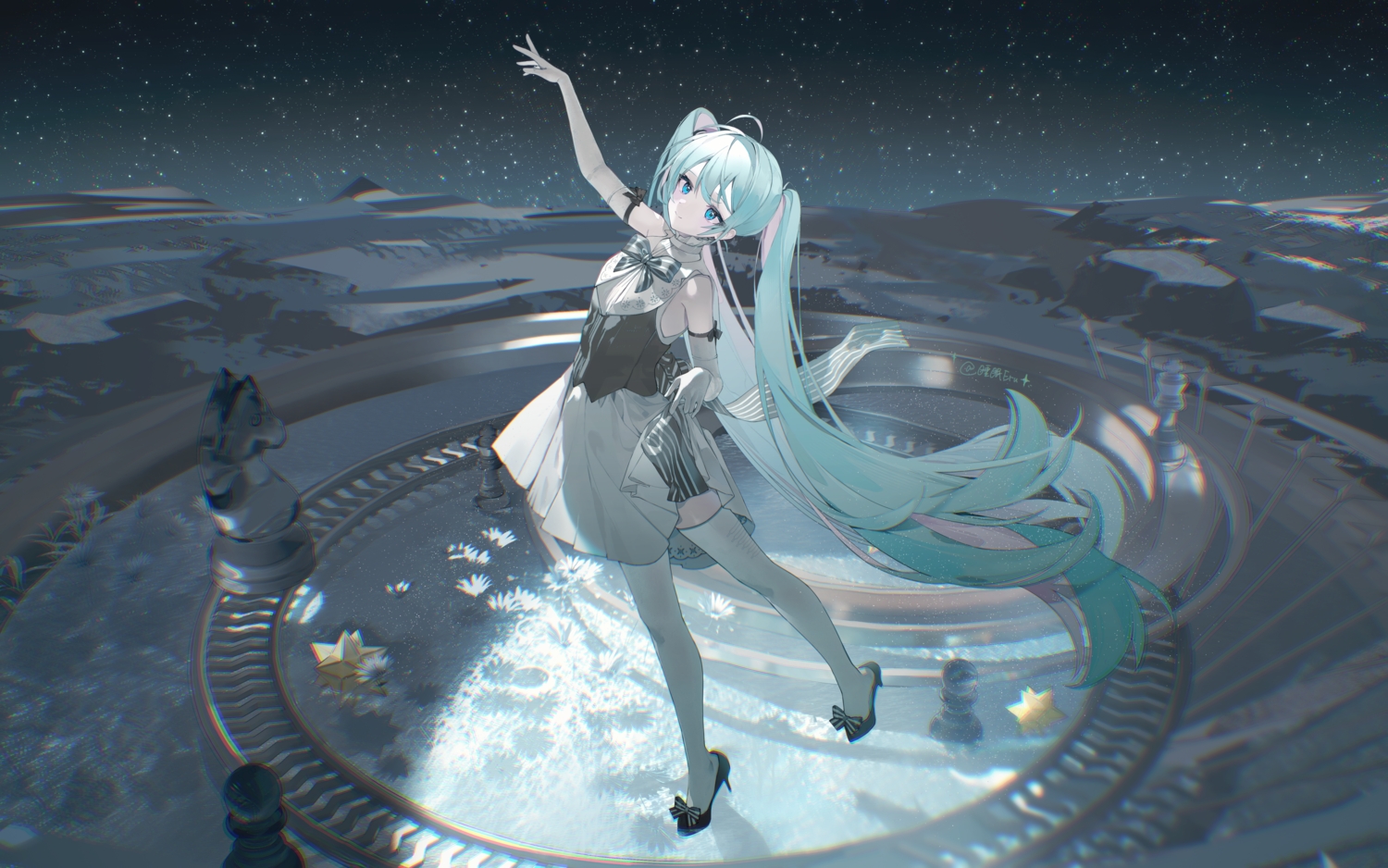 aqua_eyes, aqua_hair, bow, dress, elbow_gloves, eru_daydream, flat_chest, flowers