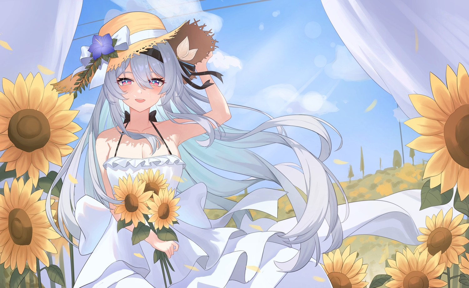 bow, breasts, cleavage, clouds, dress, firefly_(honkai:_star_rail), flowers, gray_hair