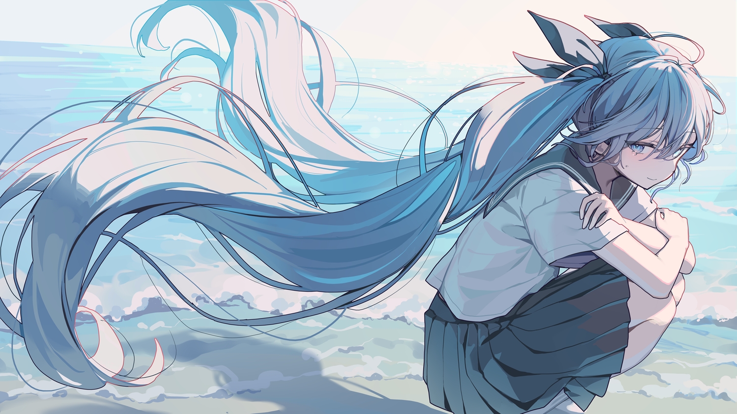 aqua_eyes, aqua_hair, beach, hatsune_miku, long_hair, ningen_mame, polychromatic, school_uniform