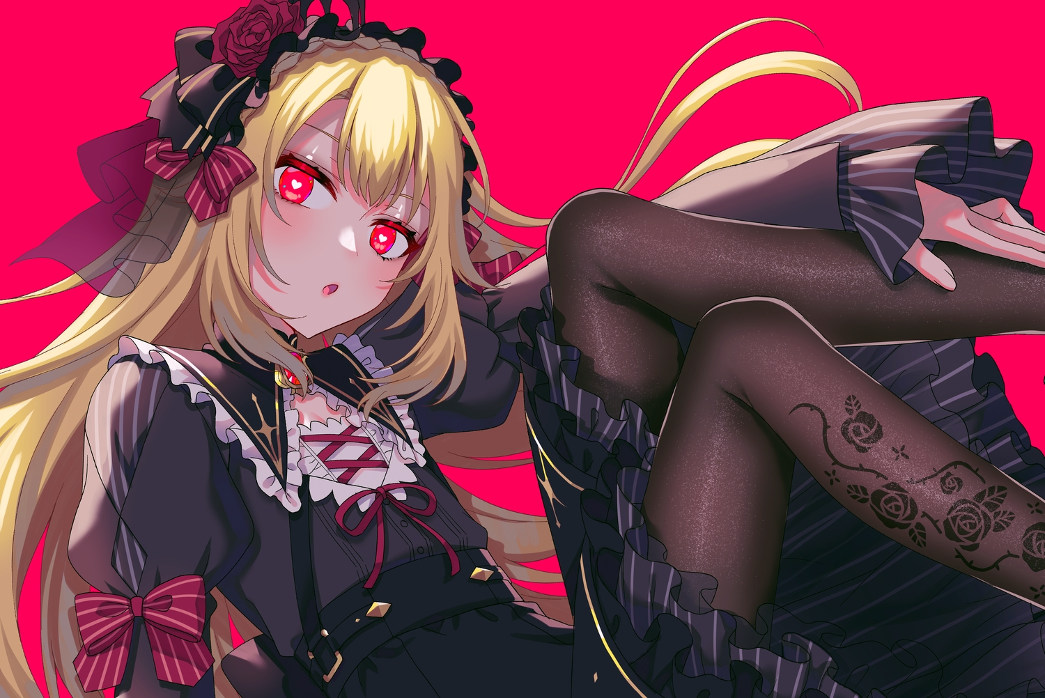 all_male, blonde_hair, bow, close, goth-loli, headdress, hina_(hinalovesugita), lolita_fashion, long_hair, male, nijisanji, otoko_no_ko, pantyhose, red, red_eyes, shirt, skirt, uzuki_kou